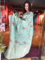 Pastel Green Muga Silk Saree with Beautiful Meenakari Weaves highlighted with Gold Zari - Image 3