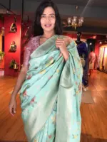 Pastel Green Muga Silk Saree with Beautiful Meenakari Weaves highlighted with Gold Zari - Image 2