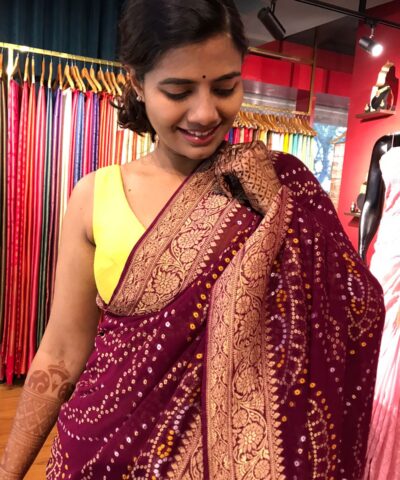Maroon Banarasi Silk Saree in Georgette highlighted with Bandhani Weaves