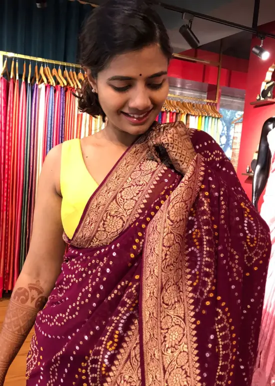 Maroon Banarasi Silk Saree in Georgette highlighted with Bandhani Weaves