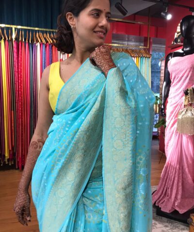 Mint Blue Banarasi Silk Saree in Georgette highlighted with Bandhani Weaves