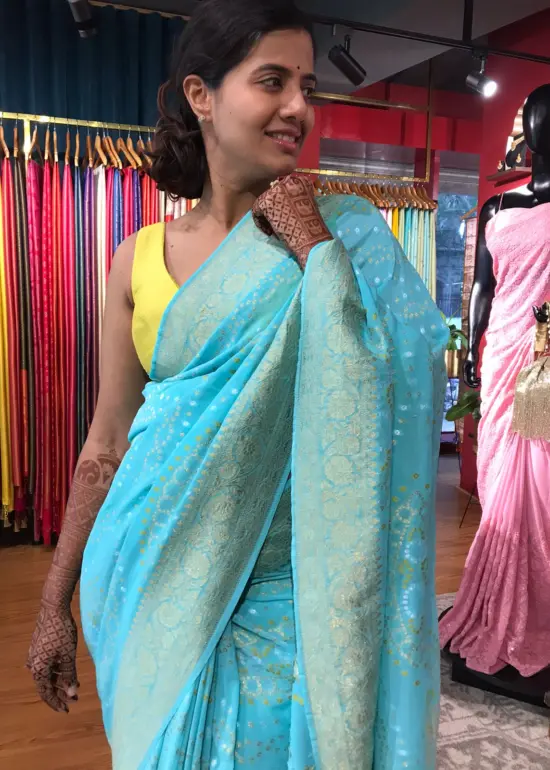 Mint Blue Banarasi Silk Saree in Georgette highlighted with Bandhani Weaves