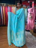 Mint Blue Banarasi Silk Saree in Georgette highlighted with Bandhani Weaves - Image 4