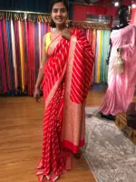 Red Banarasi Silk Saree highlighted with Leheriya Weaves - Image 3