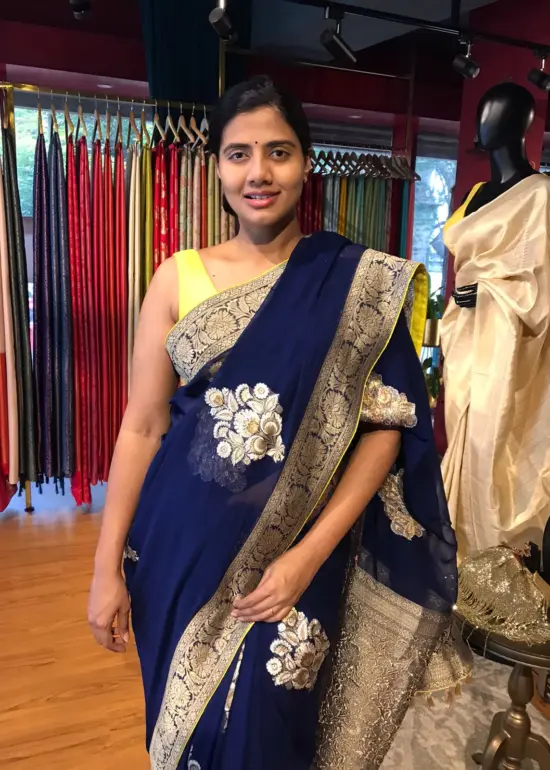 Midnight Blue Banarasi Silk Saree in Georgette highlighted with Woven Zari Buttas