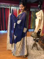 Midnight Blue Banarasi Silk Saree in Georgette highlighted with Woven Zari Buttas - Image 3