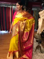 Yellow Organza Silk Saree highlighted with Kanchi Zari Border - Image 3