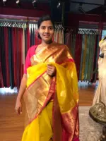 Yellow Organza Silk Saree highlighted with Kanchi Zari Border - Image 5