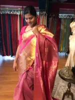 Onion Pink Organza Silk Saree highlighted with Kanchi Zari Border - Image 9