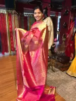 Onion Pink Organza Silk Saree highlighted with Kanchi Zari Border - Image 6