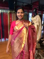 Onion Pink Organza Silk Saree highlighted with Kanchi Zari Border