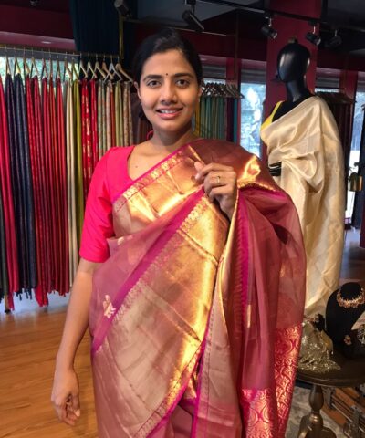 Onion Pink Organza Silk Saree highlighted with Kanchi Zari Border