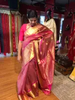 Onion Pink Organza Silk Saree highlighted with Kanchi Zari Border - Image 5