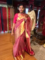 Onion Pink Organza Silk Saree highlighted with Kanchi Zari Border - Image 4