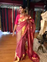 Onion Pink Organza Silk Saree highlighted with Kanchi Zari Border - Image 2