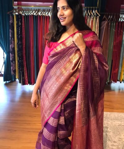 Wine Organza Silk Saree highlighted with Kanchi Zari Border
