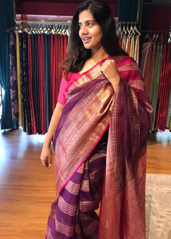 Wine Organza Silk Saree highlighted with Kanchi Zari Border