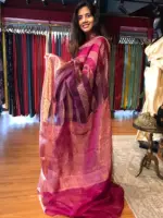 Wine Organza Silk Saree highlighted with Kanchi Zari Border - Image 3
