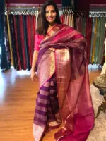 Wine Organza Silk Saree highlighted with Kanchi Zari Border - Image 2
