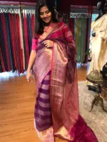 Wine Organza Silk Saree highlighted with Kanchi Zari Border - Image 5
