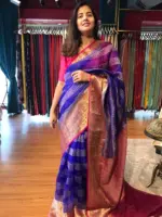 Royal Blue Organza Silk Saree highlighted with Kanchi Zari Border - Image 2