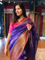 Royal Blue Organza Silk Saree highlighted with Kanchi Zari Border - Image 5