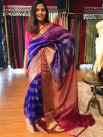 Royal Blue Organza Silk Saree highlighted with Kanchi Zari Border - Image 3