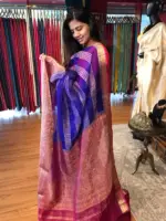 Royal Blue Organza Silk Saree highlighted with Kanchi Zari Border - Image 4