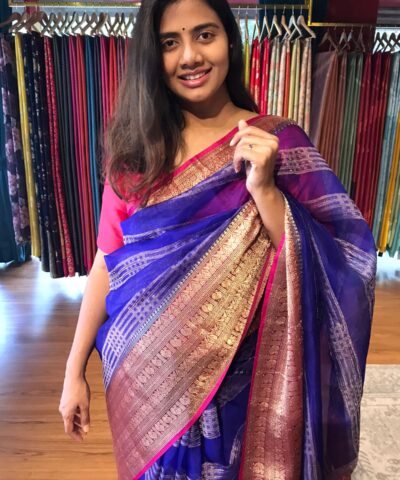 Royal Blue Organza Silk Saree highlighted with Kanchi Zari Border