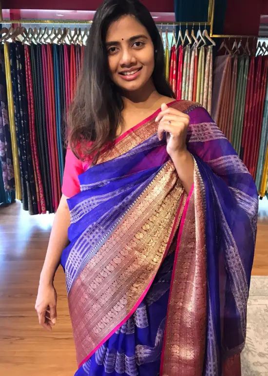 Royal Blue Organza Silk Saree highlighted with Kanchi Zari Border