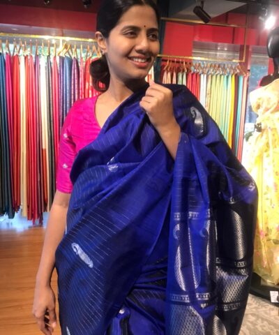 Royal Blue Kanjivaram Silk Saree with Handwoven Silver Zari Stripes and Paisley Motifs