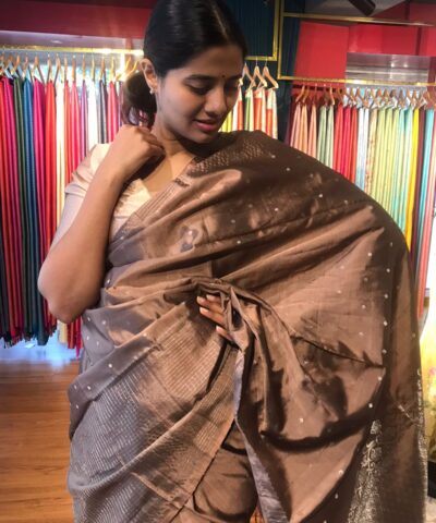 Pastel Brown Kanjivaram Silk Saree with Handwoven Silver zari weaves