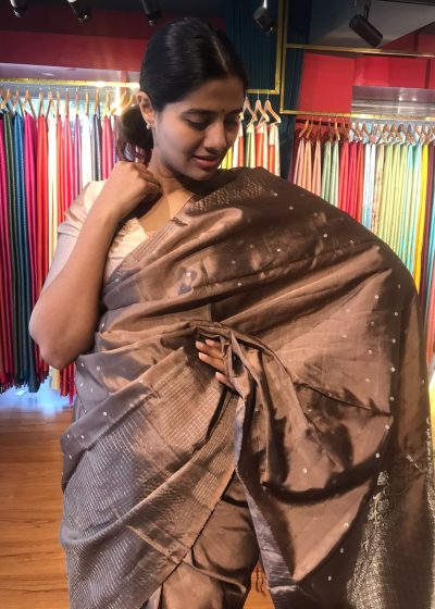 Pastel Brown Kanjivaram Silk Saree with Handwoven Silver zari weaves