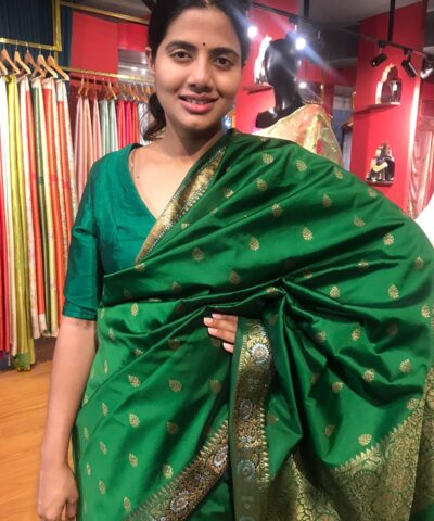 Bottle Green Banarasi Silk Saree highlighted with Gold Weaves