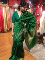 Bottle Green Banarasi Silk Saree highlighted with Gold Weaves - Image 2