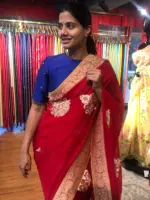 Red Banarasi Silk Saree in Georgette highlighted with Woven Zari Buttas - Image 4