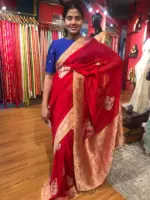 Red Banarasi Silk Saree in Georgette highlighted with Woven Zari Buttas - Image 2