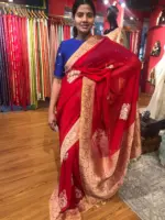 Red Banarasi Silk Saree in Georgette highlighted with Woven Zari Buttas - Image 3