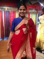 Red Banarasi Silk Saree in Georgette highlighted with Woven Zari Buttas - Image 5
