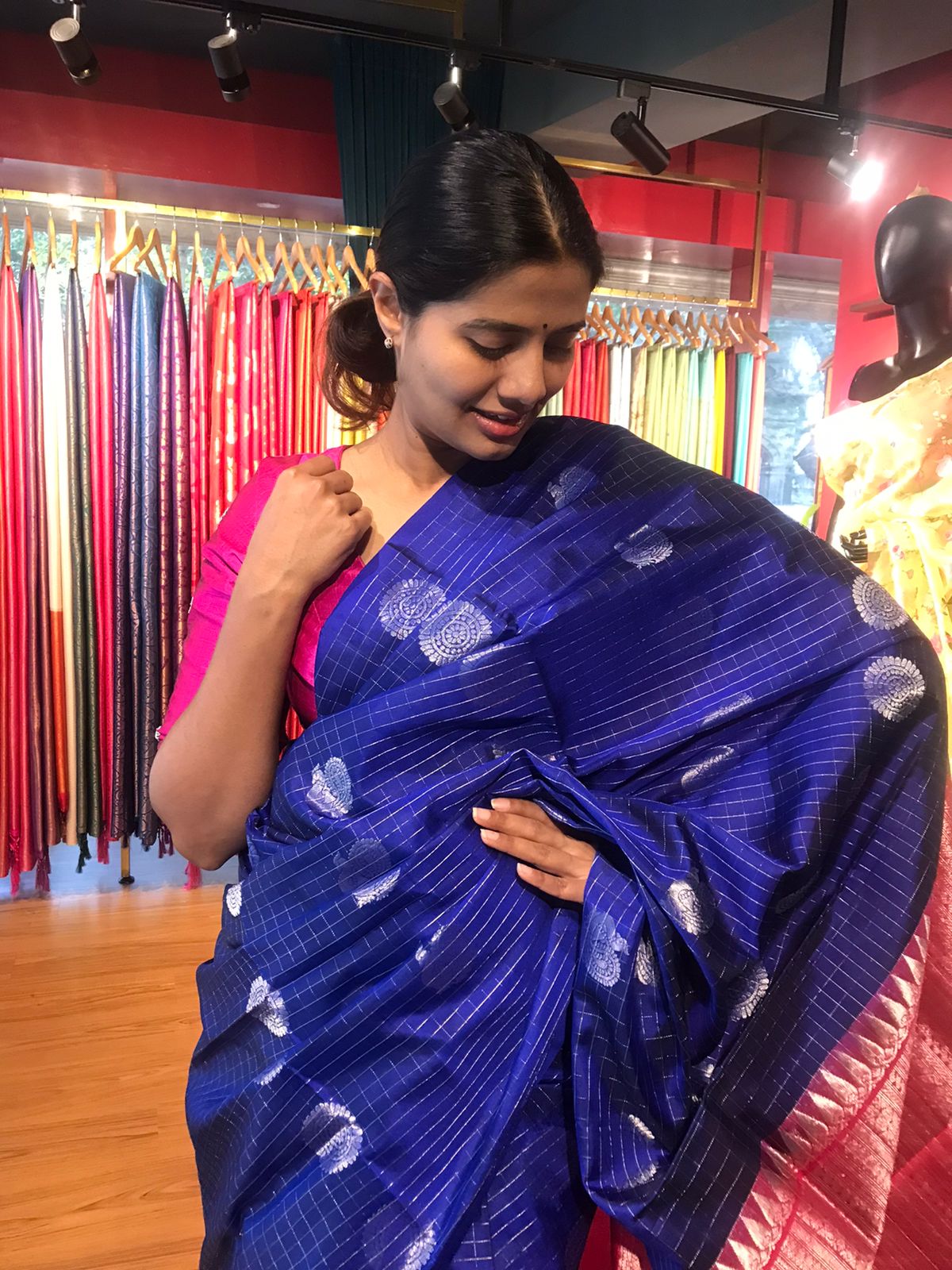 Ink Blue color silk cotton Saree with blouse piece | Mahishmati Handlooms