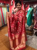 Red Banarasi Silk Saree with Beautiful Meenakari Weaves in Vanasingaram Design - Image 4