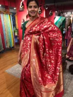 Red Banarasi Silk Saree with Beautiful Meenakari Weaves in Vanasingaram Design - Image 6