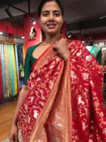 Red Banarasi Silk Saree with Beautiful Meenakari Weaves in Vanasingaram Design - Image 7