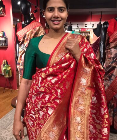 Red Banarasi Silk Saree with Beautiful Meenakari Weaves in Vanasingaram Design