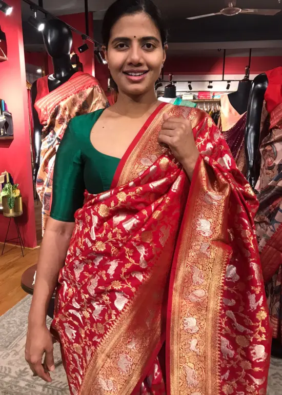 Red Banarasi Silk Saree with Beautiful Meenakari Weaves in Vanasingaram Design