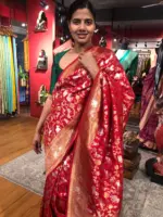 Red Banarasi Silk Saree with Beautiful Meenakari Weaves in Vanasingaram Design - Image 5
