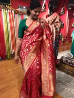 Red Banarasi Silk Saree with Beautiful Meenakari Weaves in Vanasingaram Design - Image 2