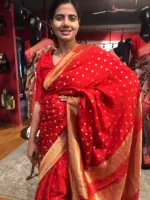 Red Crepe Silk Saree with Beautiful Gold Zari Buttas highlighted with Gold Woven Border - Image 6
