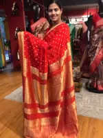 Red Crepe Silk Saree with Beautiful Gold Zari Buttas highlighted with Gold Woven Border - Image 4