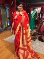 Red Crepe Silk Saree with Beautiful Gold Zari Buttas highlighted with Gold Woven Border - Image 3